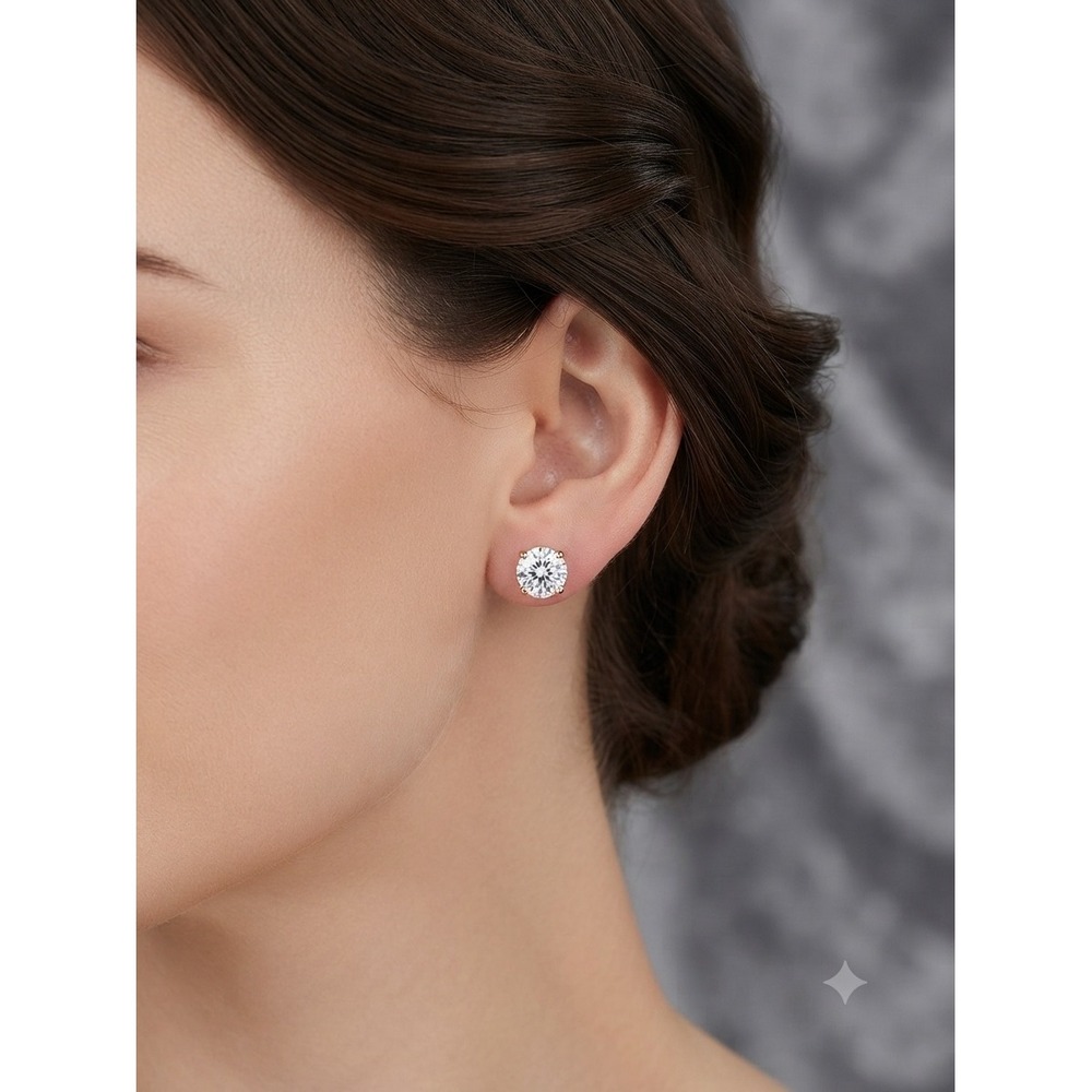 Classic Round Brilliant Cut Stud Earrings Clear Stone Gold Tone 4-Prong Setting